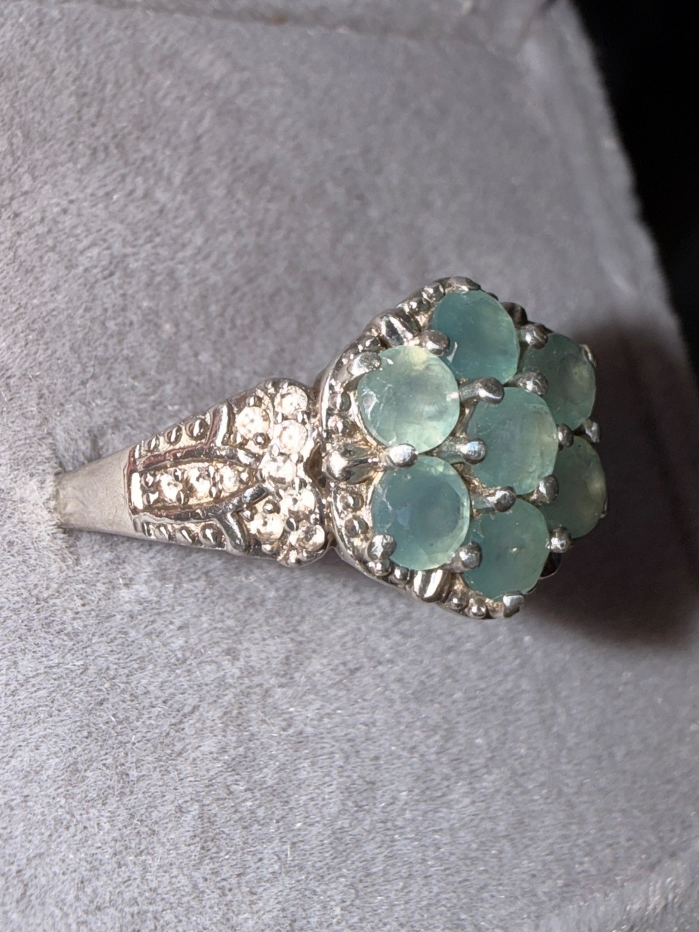 ✨Rare ✨925 Sterling Silver Grandidierite & Diamond Flower Cluster Ring Sz8 - Picture 10 of 17